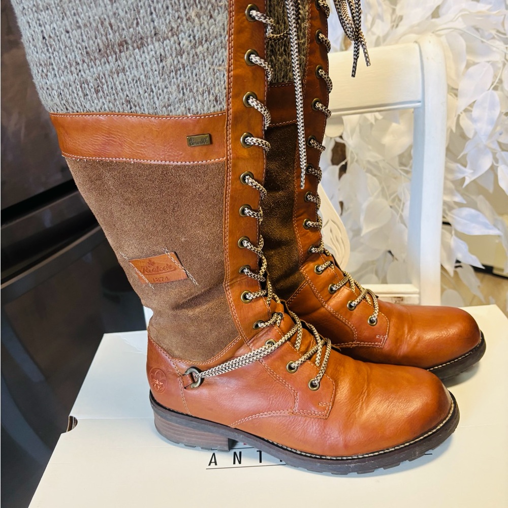 Rieker Cognac Brown Lace-Up Knee Boots. EUC. SIZE 40/8.5 US